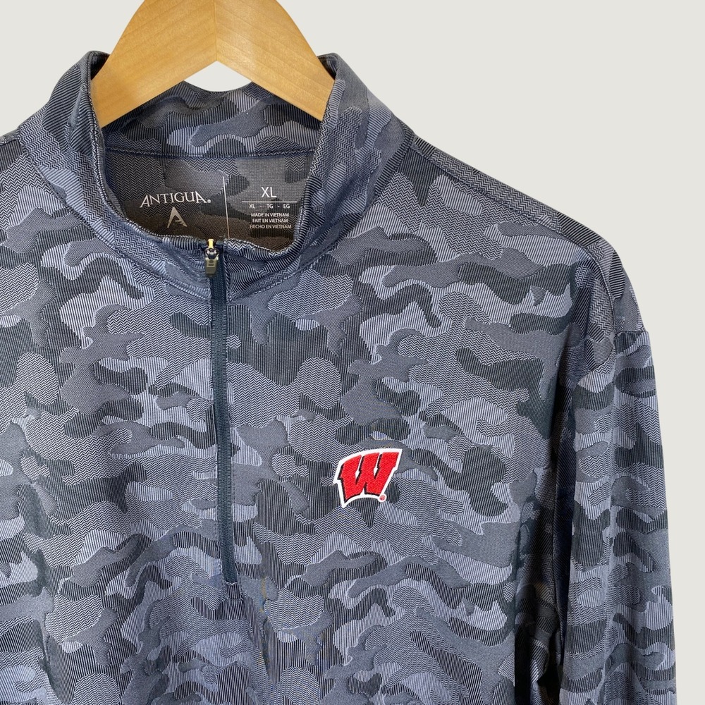 Antigua Wisconsin Badgers Pullover Mens XL Grey Camo Excellent Quarter Zip NCAA
